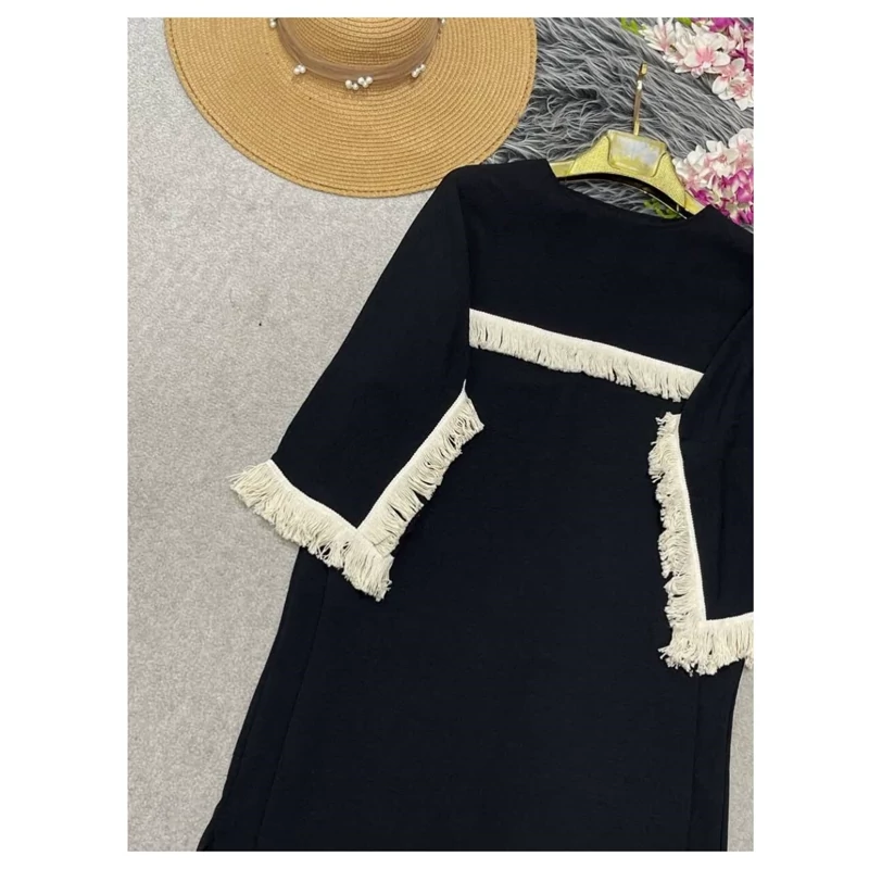 Black Abaya – Closed Front with Light‑Colored Fringe Detailing and Side Silts, Modest Fashion