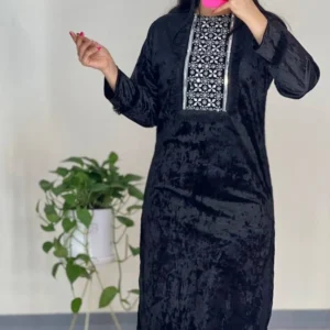 Black Maxi Sheath Abaya in Velvet with Sequin Embellished Neckline to Bust and Dual Side Slits