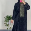 Thumbnail 4: Black Maxi Sheath Abaya in Velvet with Sequin Embellished Neckline to Bust and Dual Side Slits