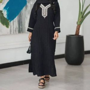 Black Closed-Front Flare Abaya with Hand‑Stitched Embroidery Neckline and Sleeves
