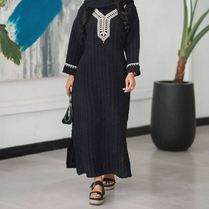 Main image of Black Closed-Front Flare Abaya with Hand‑Stitched Embroidery Neckline and Sleeves