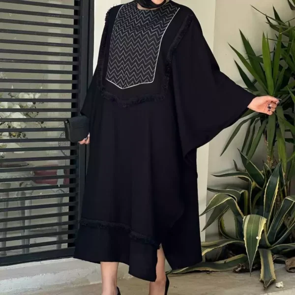 Black Kaftan and Women’s Abaya – Crepe and Linen Chevron Fabric, Free Size 36–50 - Suitable for Everyday Outing, Relaxed Gathering (1)
