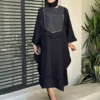 Thumbnail 3: Black Closed-Front Women’s Abaya with Flared Sleeves and a Zigzag Patterned Inlay