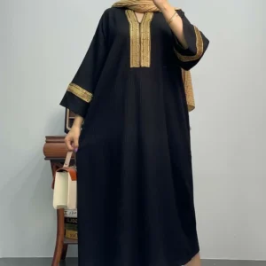 Black Long Kaftan Abaya with Golden Embellished Neckline and Sleeves