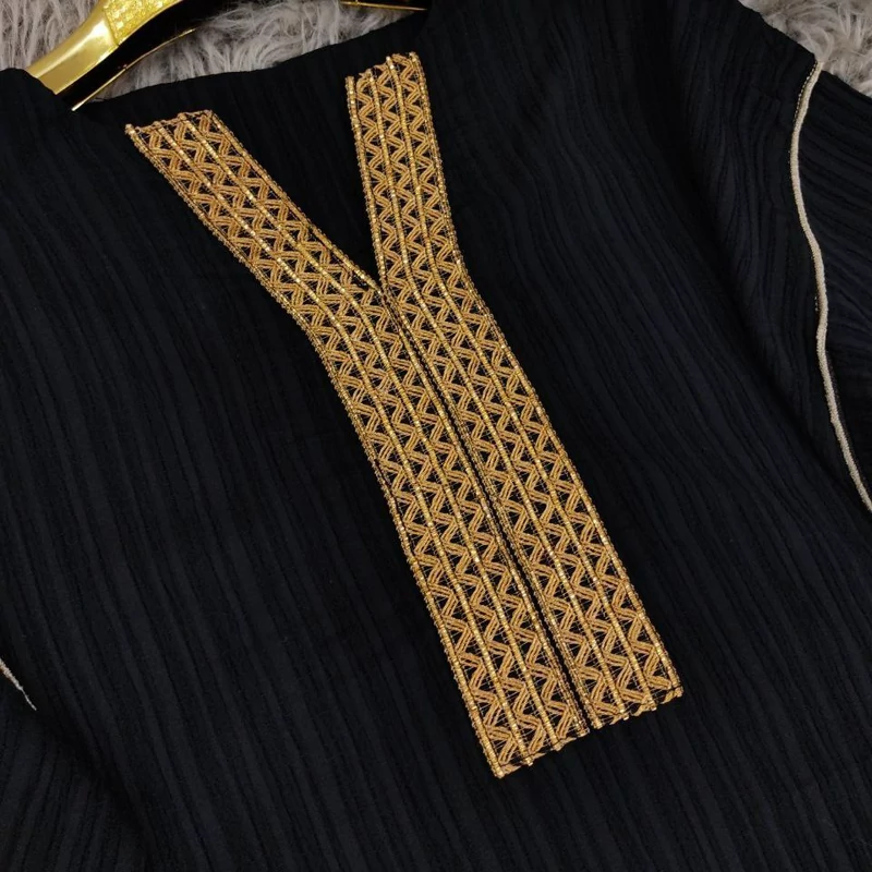 Black Long Kaftan Abaya with Golden Embellished Neckline and Sleeves