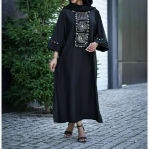 Black Front-Closed Abaya with Golden Sequin and Coin Embroidery on Bust and Cuffs, Wide Sleeves, Side Slits