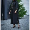 Thumbnail 3: Black Front-Closed Abaya with Golden Sequin and Coin Embroidery on Bust and Cuffs, Wide Sleeves, Side Slits
