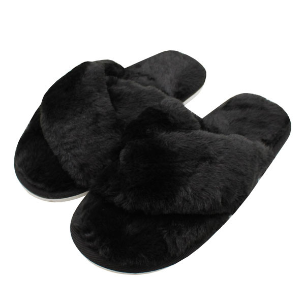 Cross Fluffy Faux Fur Fuzzy Black Nikta Slippers – Open Toe Slides