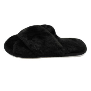Cross Fluffy Faux Fur Fuzzy Black Nikta Slippers – Open Toe Slides