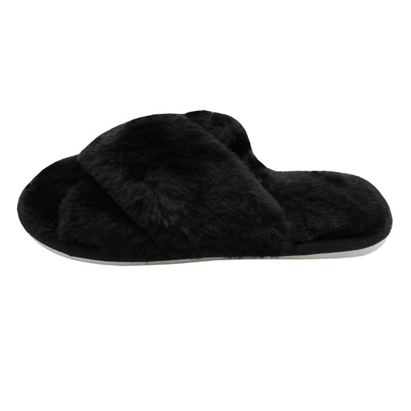 Main image of Nikta Fluffy Cross Faux Fur Black Slippers – Open Toe Fuzzy Slides