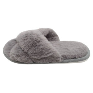 Nikta Fluffy Cross Faux Fur Gray Slippers – Open Toe Fuzzy Slides