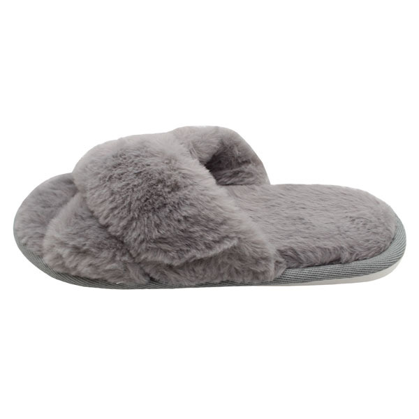 Main image of Nikta Fluffy Cross Faux Fur Gray Slippers – Open Toe Fuzzy Slides