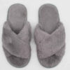 Thumbnail 6: Nikta Fluffy Cross Faux Fur Gray Slippers – Open Toe Fuzzy Slides