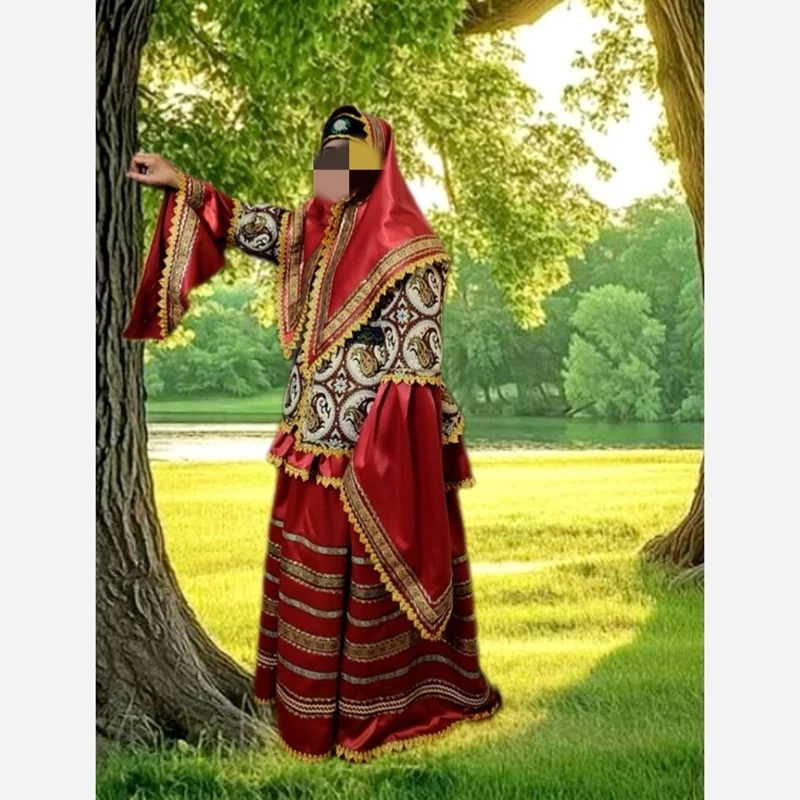 Iranian Handmade Qajar Outfit – Termeh Jacket, Flared Sleeves with Long Trails, Decorative Belt and Traditional Headband