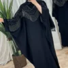 Elegant Black Batwing Maxi Abaya and Kaftan with Silver Rhinestone Detailing, Strands on Bust and Hidden Inner Adjustable Waist Belt – Free Size (1)