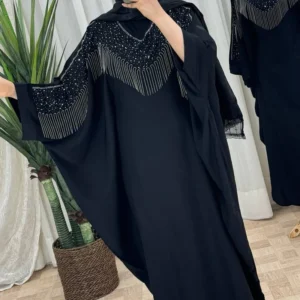 Black Batwing Abaya with Silver Rhinestone Detailing and Strands on Bust and Sleeves and Hidden Inner Belt