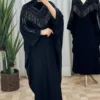 Thumbnail 8: Black Batwing Abaya with Silver Rhinestone Detailing and Strands on Bust and Sleeves and Hidden Inner Belt