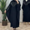 Thumbnail 6: Black Batwing Abaya with Silver Rhinestone Detailing and Strands on Bust and Sleeves and Hidden Inner Belt