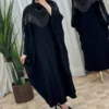 Thumbnail 5: Black Batwing Abaya with Silver Rhinestone Detailing and Strands on Bust and Sleeves and Hidden Inner Belt