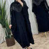 Thumbnail 3: Black Batwing Abaya with Silver Rhinestone Detailing and Strands on Bust and Sleeves and Hidden Inner Belt