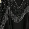 Thumbnail 2: Black Batwing Abaya with Silver Rhinestone Detailing and Strands on Bust and Sleeves and Hidden Inner Belt