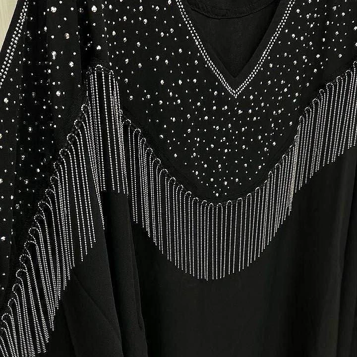 Black Batwing Abaya with Silver Rhinestone Detailing and Strands on Bust and Sleeves and Hidden Inner Belt