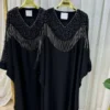 Thumbnail 9: Black Batwing Abaya with Silver Rhinestone Detailing and Strands on Bust and Sleeves and Hidden Inner Belt