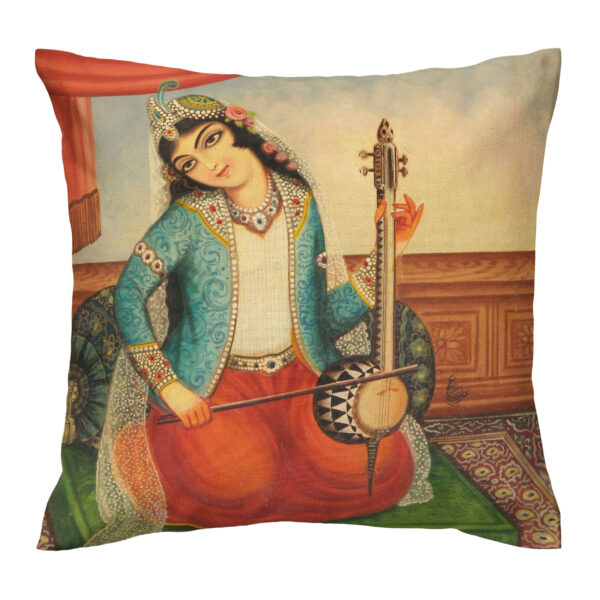Elegant Persian Art Velvet Cushion Cover - Printed Design of Girl and Kamancheh