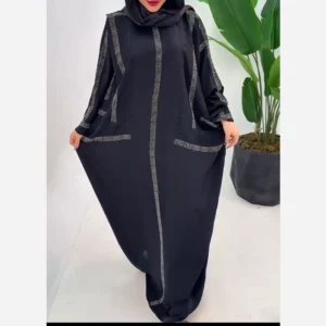 Emirati Style Embroidered Abaya with Golden Versace Pattern Rhinestone Embellishment Design