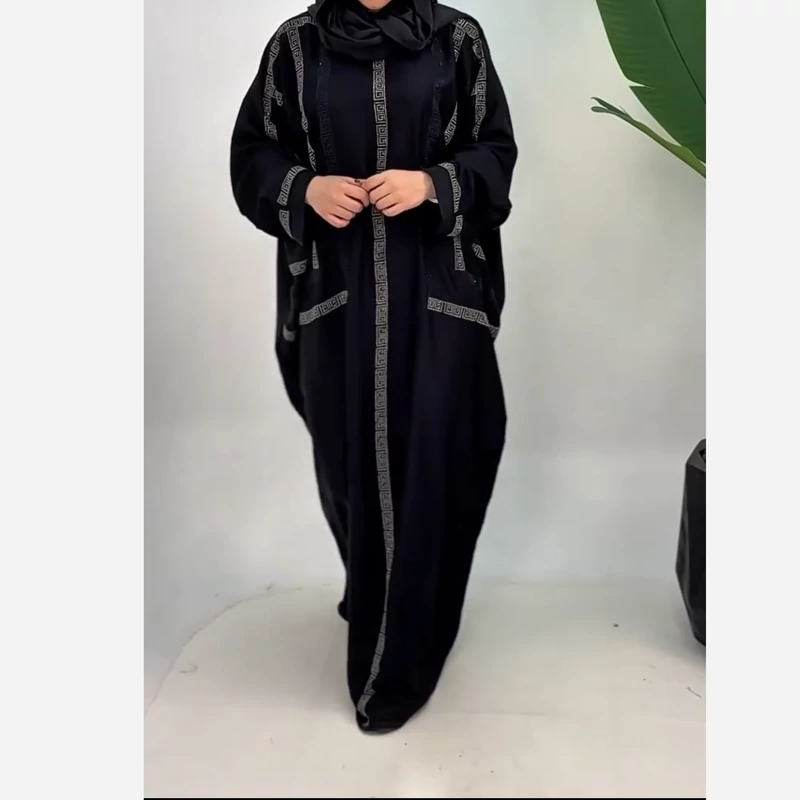 Emirati Style Embroidered Abaya with Golden Versace Pattern Rhinestone Embellishment Design
