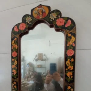 Hand-Painted Wooden Wall Mirror – Floral, Bird & Dervish Pattern, Artist-Signed, Natural Colors