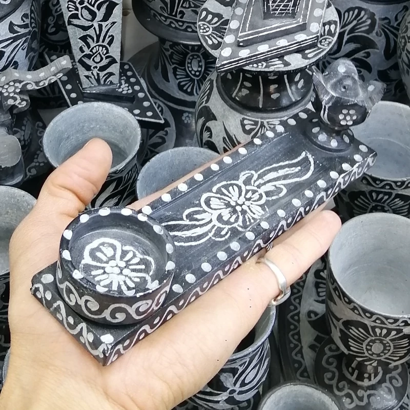 Handcrafted Stone Incense and Tealight Holder –Floral Carved Design for Serenity