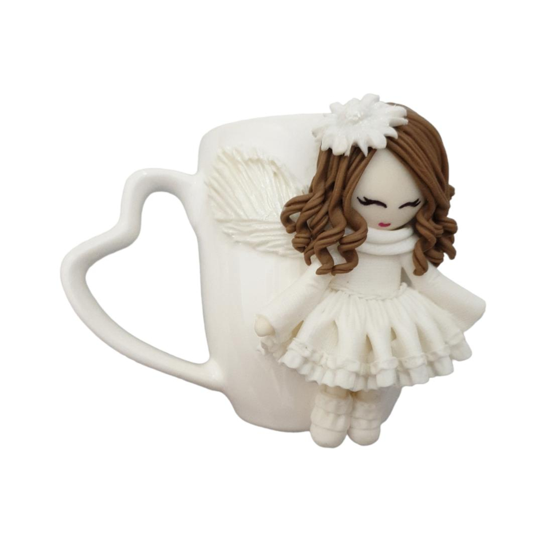 Handmade Ceramic Mug Featuring Angel Doll – Perfect Gift Idea & Polymer Clay Doll Design