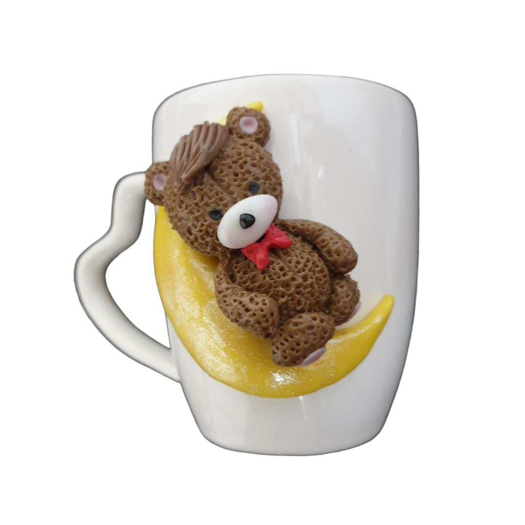 Main image of Handmade Ceramic Mug Featuring Bear and Moon – Artistic Polymer Clay Figurine, Charming Collectible Gift