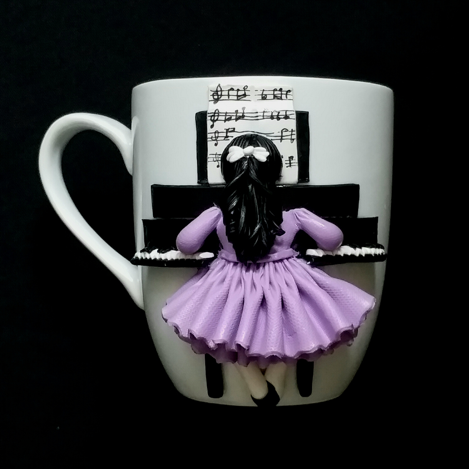 Main image of Handmade Ceramic Mug Featuring Piano Girl – Polymer Clay Decoration, Ideal for Tea Time & Collectible Display