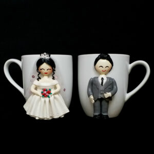 Handmade Ceramic Mug Set – Bride & Groom Figurines, Romantic Gift for Couples