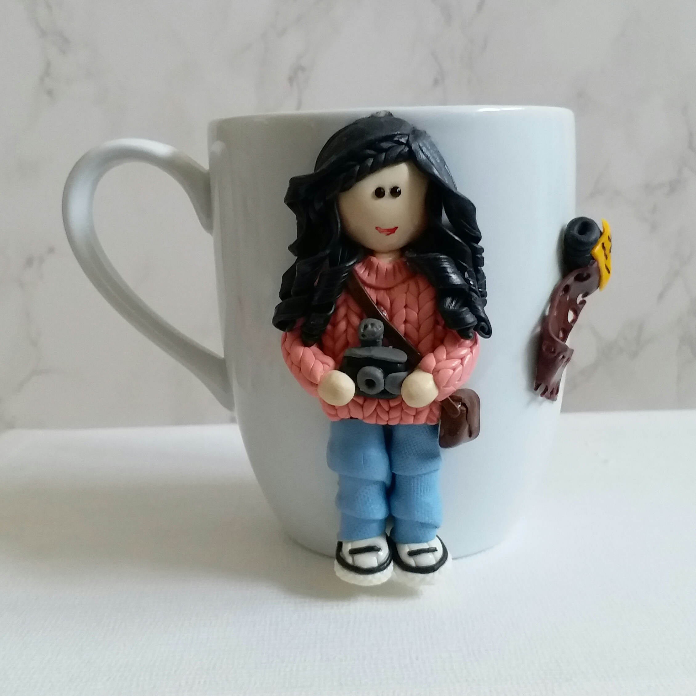 Handmade Ceramic Mug with Girl Photographer Figurine – Unique Polymer Clay Art for Hot & Cold Drinks