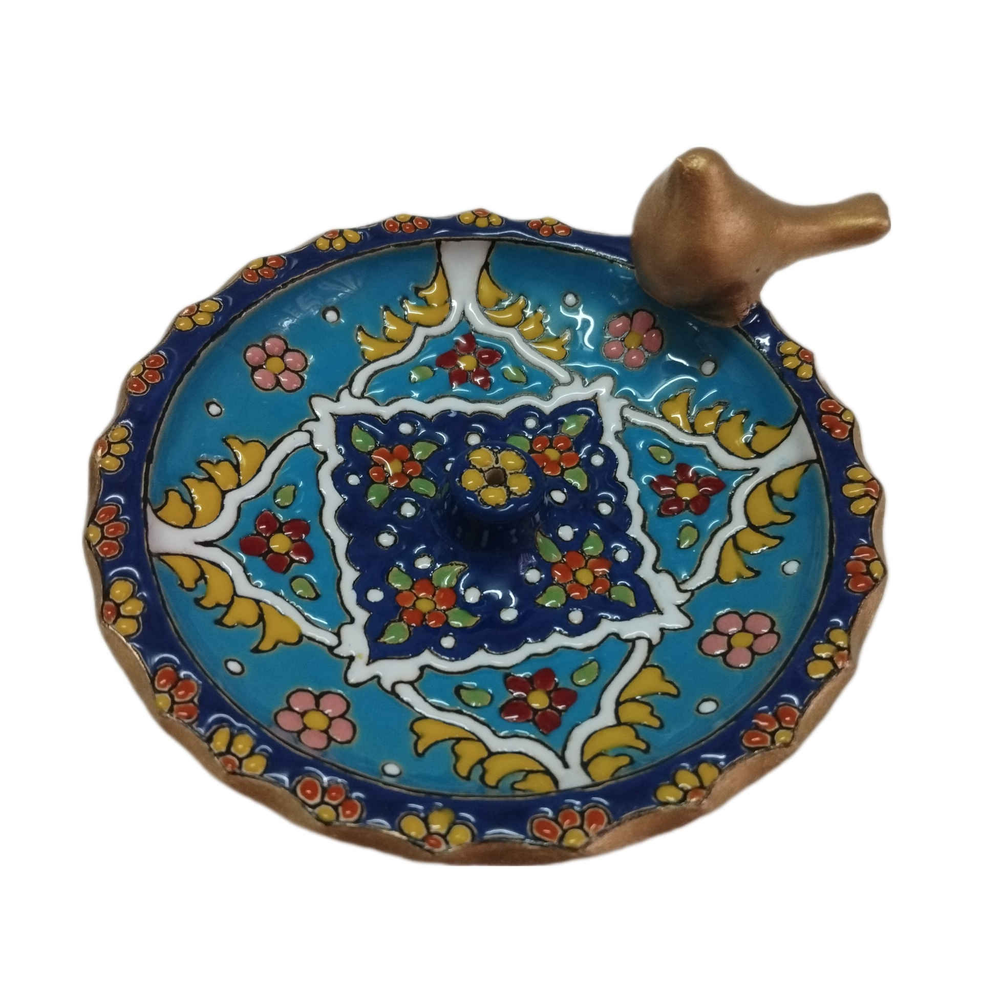 Main image of Persian Handmade Pottery Incense Holder – Round Shape with Hand-Painted Bird Design