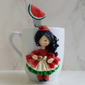 Handmade Yalda Ceramic Mug with Spoon – Artistic Polymer Clay Decoration for Hot and Cold Drinks