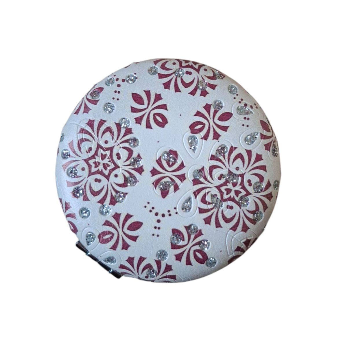 Main image of Iranian White Pocket Mirror with Pink Traditional Motifs and Gem Embellishments