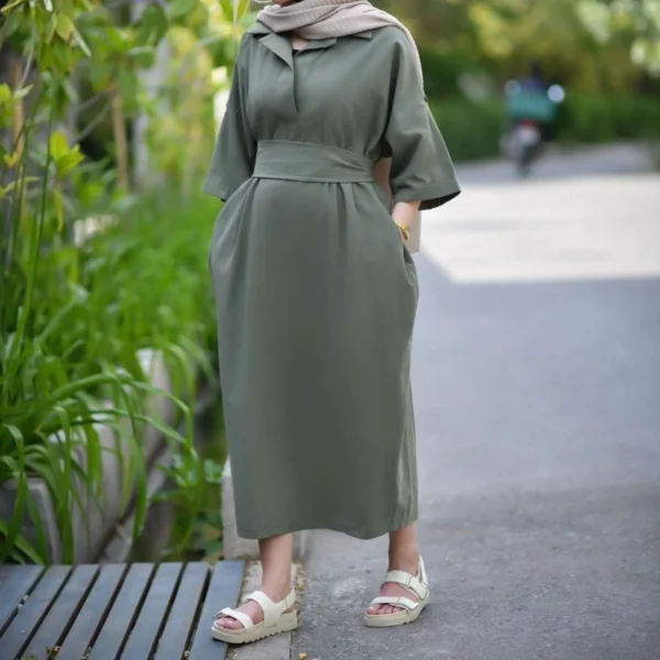 Linen Kaftan Dress with Dual‑Style Sleeves and Removable Wide Fabric Belt - Suitable for Everyday Outing, Relaxed Gathering (7)