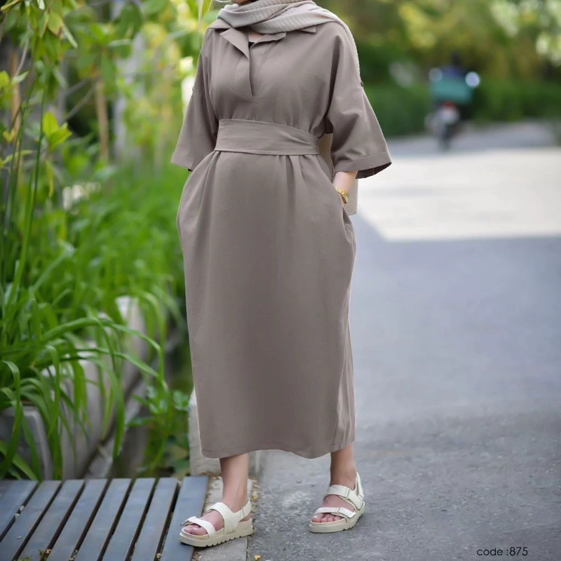 Linen Kaftan Dress with Dual‑Style Sleeves and Removable Wide Belt and Notched Lapel