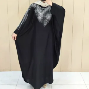 Beaded Batwing Black Abaya with Cascading and Liner Rhinestones Around Neckline and Across Shoulders