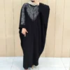 Thumbnail 3: Beaded Batwing Black Abaya with Cascading and Liner Rhinestones Around Neckline and Across Shoulders