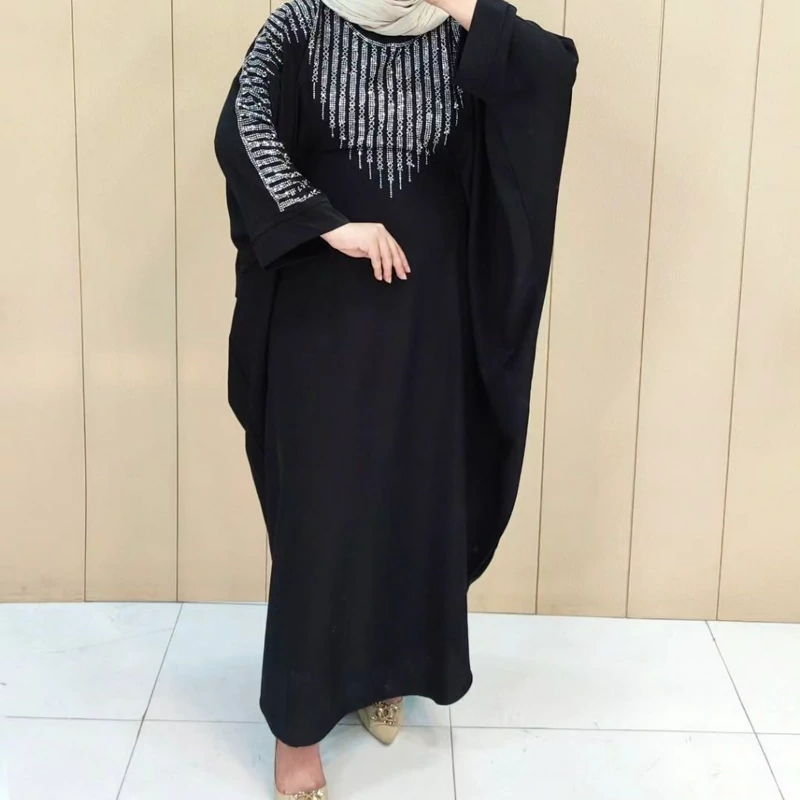 Beaded Batwing Black Abaya with Cascading and Liner Rhinestones Around Neckline and Across Shoulders