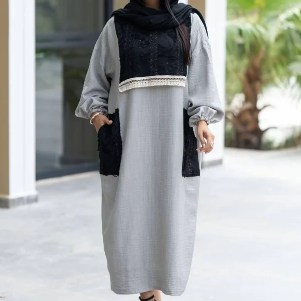 Long Kaftan Manto – Closed Front, Loose Fit, Sophia Jacquard Fabric with Lace Appliqué Detailing (1)