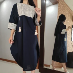 Navy Blue Linen Beach Style Kaftan Abaya with Cream Embroidery Bust and Cuffs Detailing