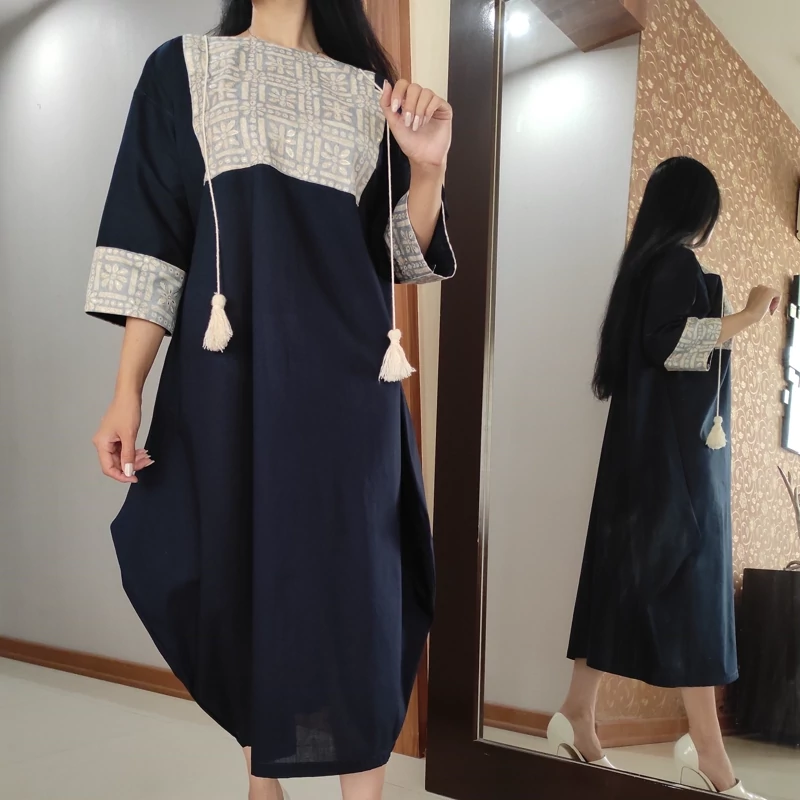Main image of Navy Blue Linen Beach Style Kaftan Abaya with Cream Embroidery Bust and Cuffs Detailing
