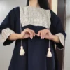 Thumbnail 2: Navy Blue Linen Beach Style Kaftan Abaya with Cream Embroidery Bust and Cuffs Detailing