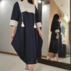 Thumbnail 3: Navy Blue Linen Beach Style Kaftan Abaya with Cream Embroidery Bust and Cuffs Detailing